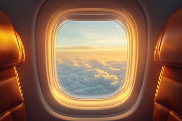 Fototapeta premium The airplane window is travelling on sky, Window view from airplane while traveling through