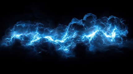 Abstract blue lightning strikes within dark cloudscape.