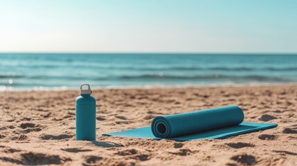 Rolled blue yoga mat and water bottle on sandy beach.