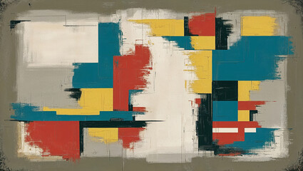 Colorful geometric shapes and brushstrokes combine in a dynamic abstract painting