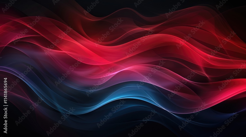 Poster abstract waves of red and blue light create a dynamic, flowing visual effect.