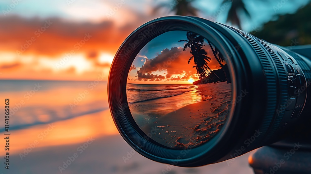 Canvas Prints Sunset reflected in camera lens on tropical beach.