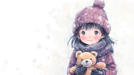 Fototapeta premium A cute girl in winter clothes hugs a teddy bear in snowy weather.