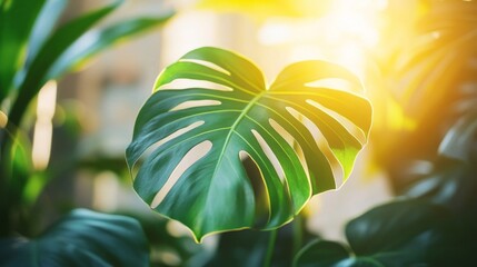 A Single Monstera Leaf Illuminated By Sunlight