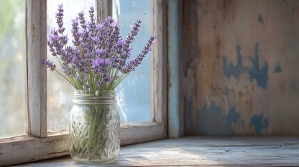 Lavender sprigs in a mason jar, placed on a weathered windowsill with rustic peeling paint in the background