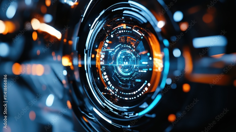Poster futuristic device featuring glowing elements and intricate designs in a dark setting