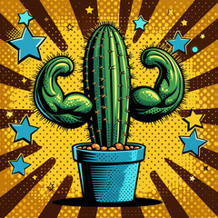 Fun and quirky pop art illustration of a cactus with strong muscular arms in a comic style