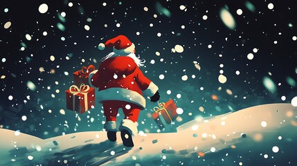 Naklejka premium Santa Claus In Red Suit With Gifts And Snowflakes Falling