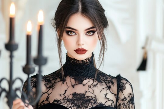 A hauntingly beautiful woman in gothic attire holding a candelabra, her face partially illuminated by flickering candlelight