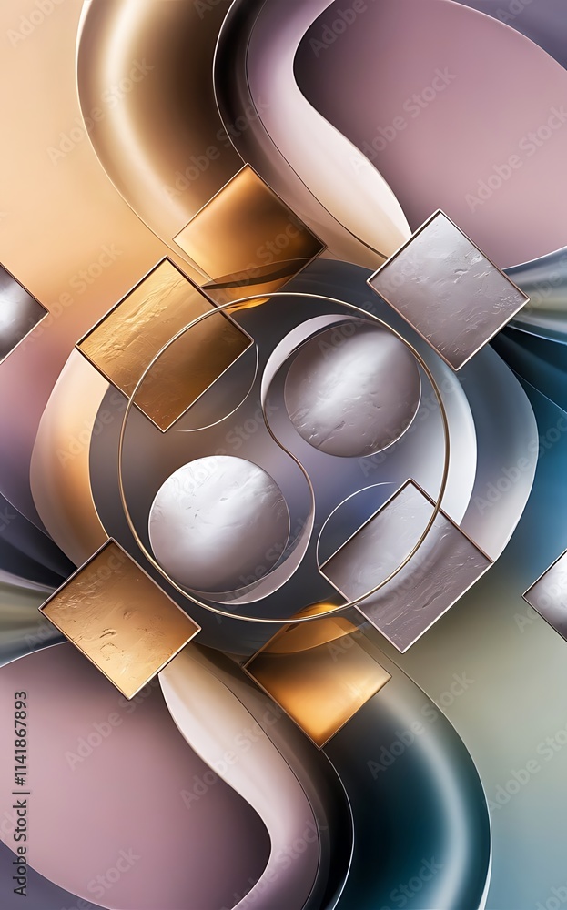 Poster squares and circles design fluid color gradients with metallic effects serene synergy of shapes merg