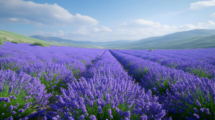 Lavender Field Landscape with Rolling Hills and Blue Sky - Photo