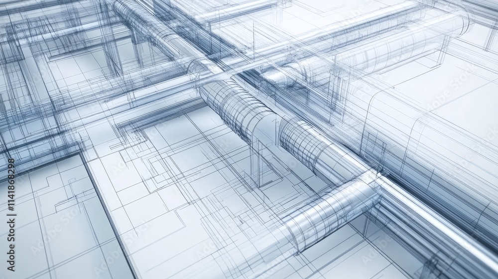 Poster 3d architectural illustration of a ventilation system blueprint, featuring detailed air flow pathway