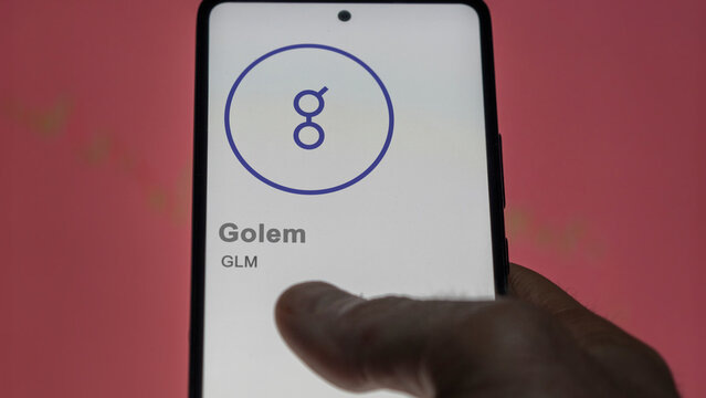 Close up on logo of (GLM) Golem crypto asset on the screen of an exchange. (GLM) Golem price stocks, $GLM on a device.