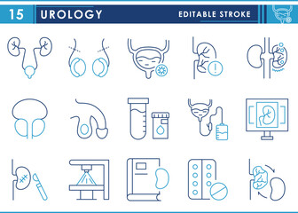 A set of line icons related to Urology. Kidneys, Bladder, Prostate Gland, Catheter, Kidney Stones