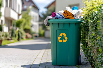 Overfilled green recycling bin overflowing with textiles and plastic on a residential street.