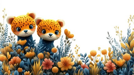 Fototapeta premium Adorable Cartoon Leopard Cubs Surrounded by Vibrant Flowers and Foliage in a Whimsical, Playful Digital Illustration for Kids and Nature Lovers