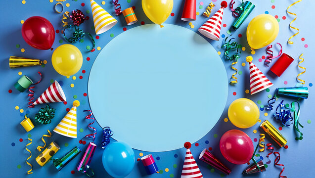 Colorful party favors framing a blank blue circle on a blue background