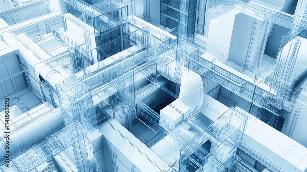 Poster A 3D design blueprint of an architectural ventilation system, illustrating the mechanics and structure for efficient air distribution in buildings