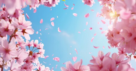 A serene view of pink cherry blossoms against a clear blue sky, evoking tranquility.