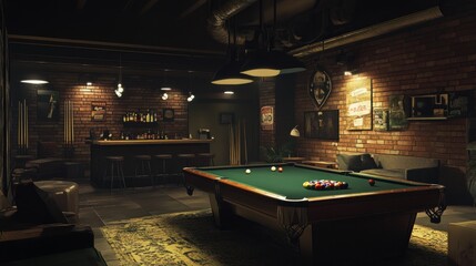 A dimly lit game room with a pool table, bar, and vintage decor.