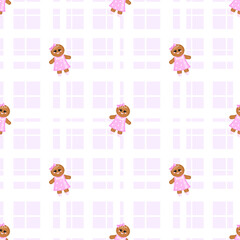 
A seamless vector pattern featuring gingerbread girl cookies in pink polka-dot dresses. The background is a pastel checkered grid, creating a playful and cozy holiday vibe.