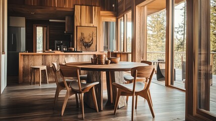 A bold, handcrafted wooden table and chairs in a cozy cabin-style room with earthy tones and soft natural light.