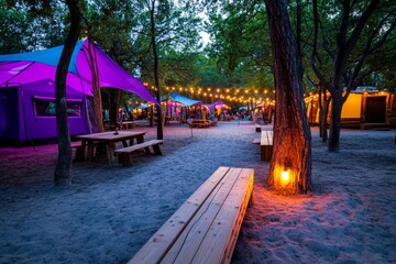 A magical festival in an enchanted forest with glowing fairy lights, fantastical creatures, and colorful tents