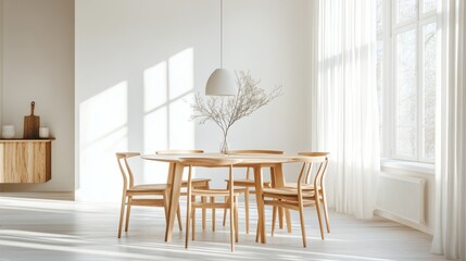 A bold solid wood table with four matching chairs, standing empty in a bright, modern dining room with clean lines and open space.