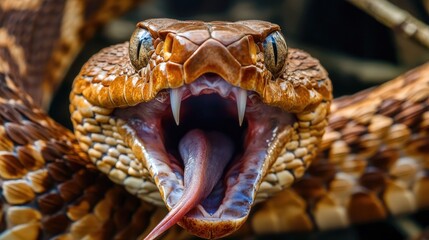 Hissing cobra with fangs bared and tongue out, exhibiting a menacing posture