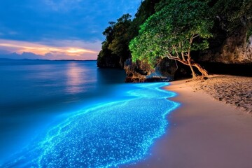 A magical fjord glowing with bioluminescent light, where mythical creatures swim beneath the surface and enchanted trees line the cliffs