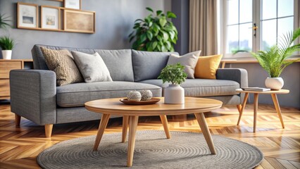 Modern living room: close-up textures of a grey couch and round coffee table, a Scandinavian aesthetic.