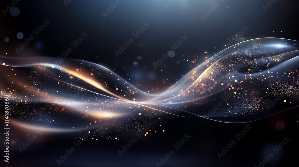 Poster dynamic abstract design with flowing lines and shimmering particles in a dark setting