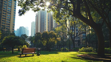Sunlit park bench in urban green space with high-rise buildings in background.