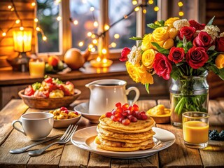 Naklejka premium Nighttime brunch elegance: pancakes, bacon, eggs, and a touch of floral romance.