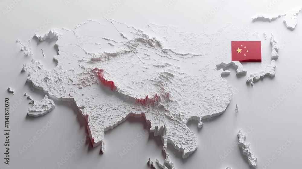 Poster a clean 3d white map of china with the flag overlaid, perfect for global presentations and geographi