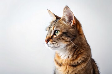 Obraz premium Pure white background isolates a feline's elegant side profile, captured in a professional studio shot.