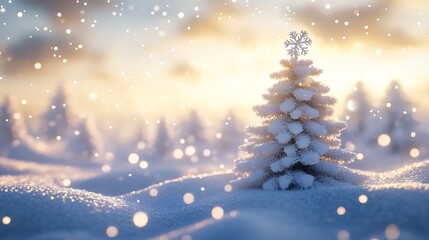 Obraz premium Winter Scene With Christmas Tree And Snowflakes In Abstract Background