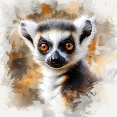 Obraz premium Oil painting of beautiful baby Ringtail lemur impressionism style, accented brush strokes and paint blobs