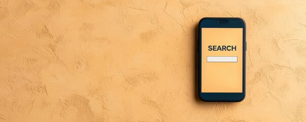 3D smartphone with a search bar and user input query displayed on the screen, concept of mobile search interaction and on the go information retrieval