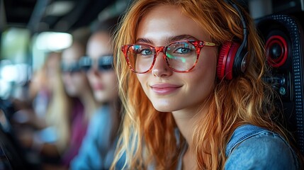 Redhead Woman Wearing Glasses and Headphones on Public Transportation