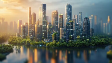 Naklejka premium Urban skyline at sunset showcasing futuristic architecture alongside lush greenery near a serene body of water