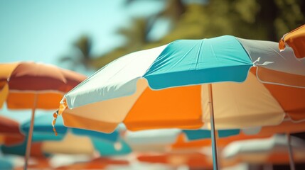 A collection of colorful umbrellas in a sunny outdoor setting, creating a lively and vibrant atmosphere for summer or beach backgrounds