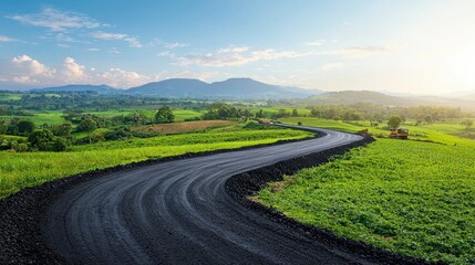 Naklejka premium Serene Winding Road Through Lush Green Landscape