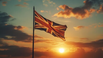 The London City Flag blowing across the horizon at a sunrise.