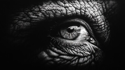 Obraz premium Close-up grayscale image of a weathered eye, showcasing detailed wrinkles and texture.