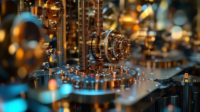 Intricate details of a vintage clockwork mechanism showcasing brass and copper components in a workshop setting - Powered by Adobe