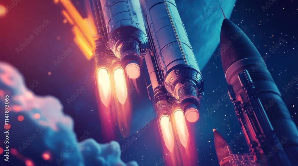 Poster rocket launch into space showcases powerful engines and billowing clouds against a cosmic backdrop i