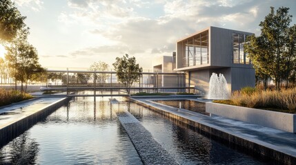 A conceptual image of an urban water treatment facility purifying water, highlighting clean water production and urban infrastructure for sustainability