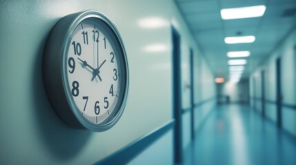 Wall clock in a long hospital corridor.