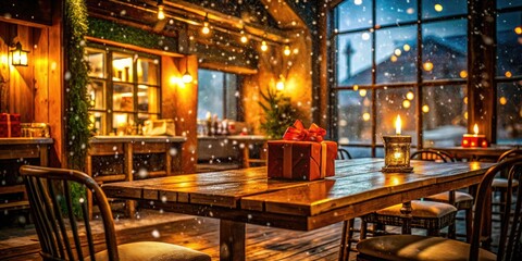 Fototapeta premium Snowy vista glimpsed through frosty panes, a rustic table bathed in warm light, candid photos of winter cheer.